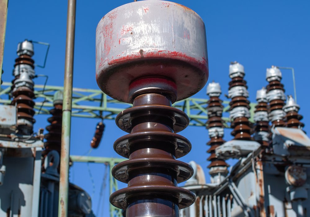Insulators and conductors at an electrical substation